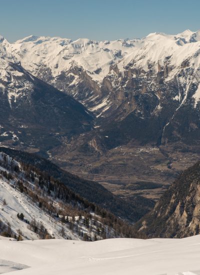 Risoul resort, French alps in winter, snowy mountains in France Europe